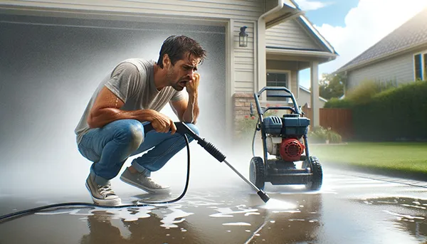 Man pressure washing driveway.