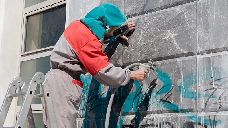 A person removing graffiti from a wall.