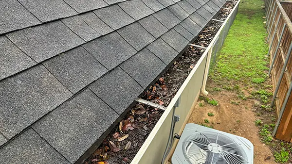Gutters containing leaves and dirt.