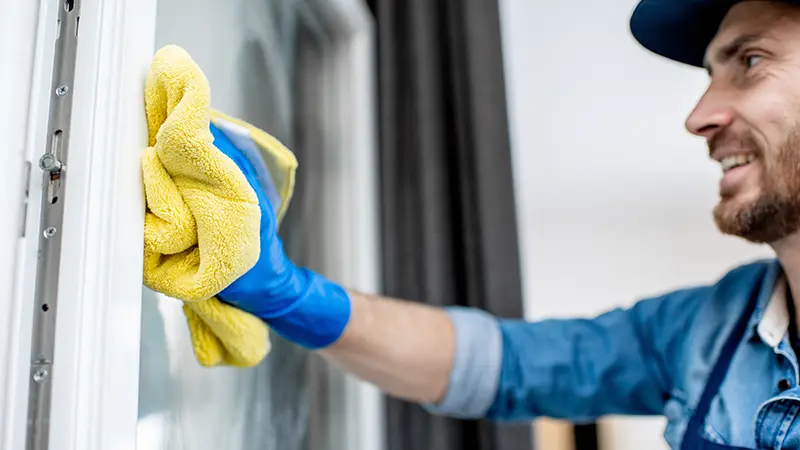 A man wiping the frame of a window.