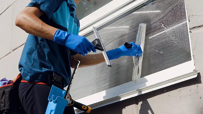 A man cleaning a window.