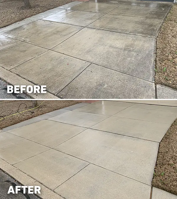 A driveway before and after getting pressure washed.
