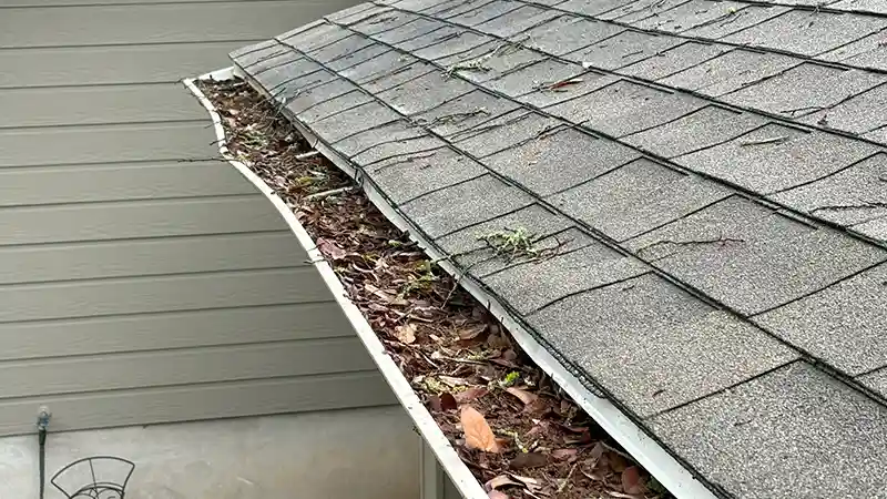 A gutter overflowing with leaves.