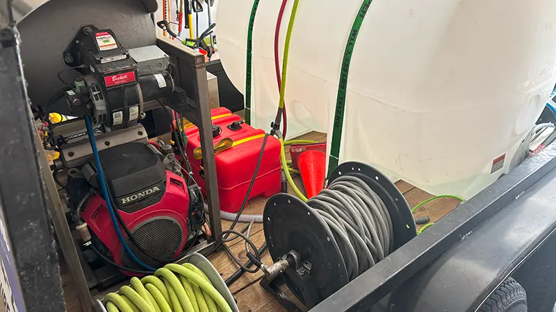 A pressure washer and hoses.