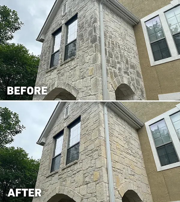 A stone home, before and after soft washing.