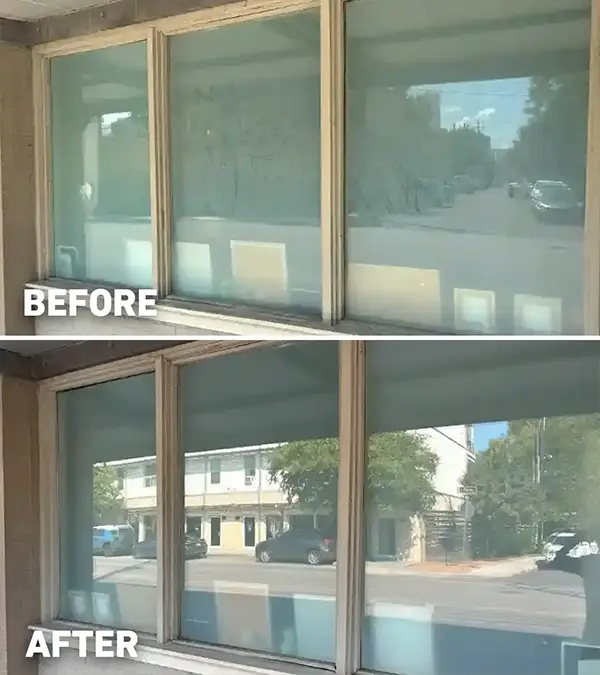 Windows before and after getting cleaned.