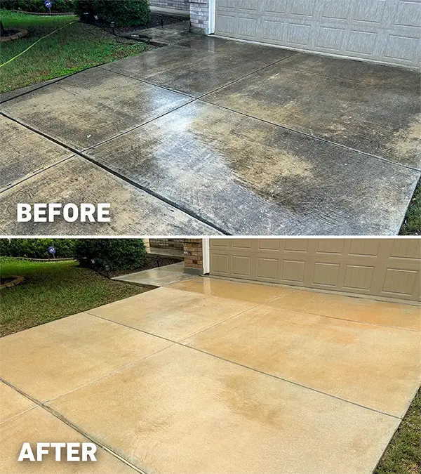 A driveway before and after getting cleaned.