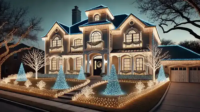 Blue and white Christmas lights installed on a house.