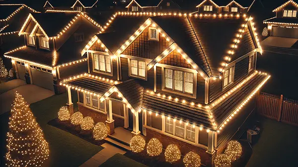 Christmas lights installed on a roof's peak.