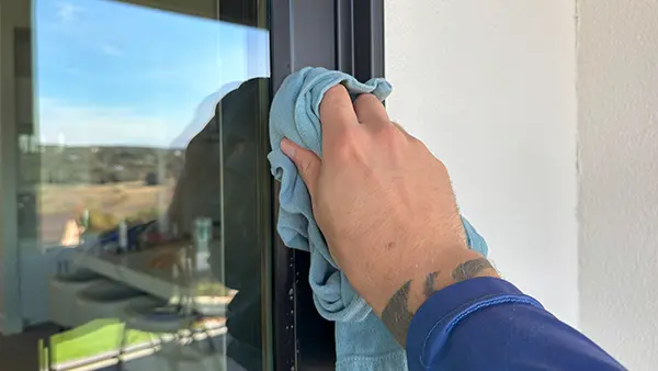 A medical towel being used to clean a window frame.