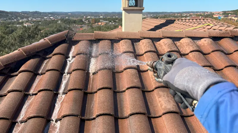 Spraying bleach on a roof to clean it.