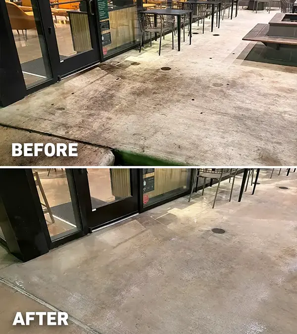A Starbucks entrance before and after being pressure washed.