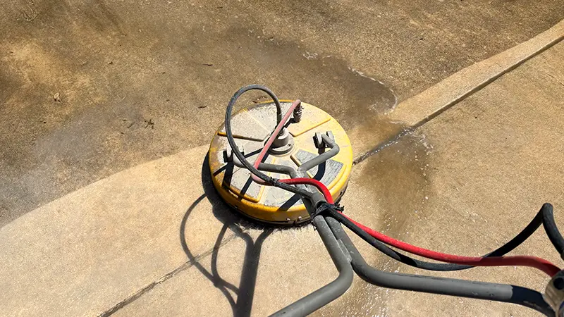 A surface cleaner removing dirt from concrete.